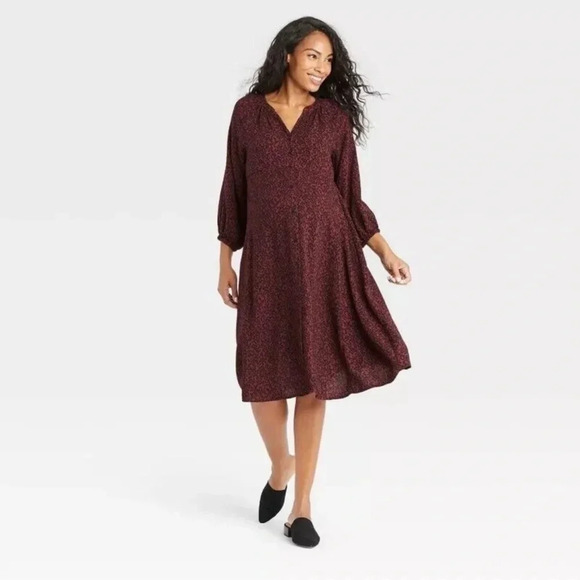 The Nines by Hatch Animal Long Sleeve Midi Dress Red Black XS Fall Classic Chic - Picture 1 of 9